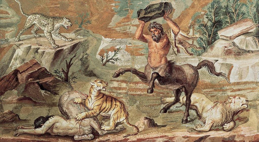 Title: Battle of Centaurs and Wild Beasts Medium: Mosaic Size: 23 X 36" (58.4 X 91.4 cm) Date: c.