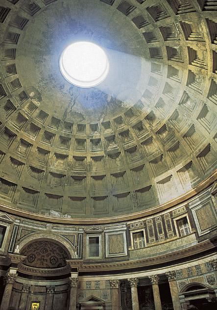 Title: Dome of the Pantheon with light from the oculus on its coffered ceiling Medium: Brick, concrete, marble, veneer Size: diameter of dome 143' (43.