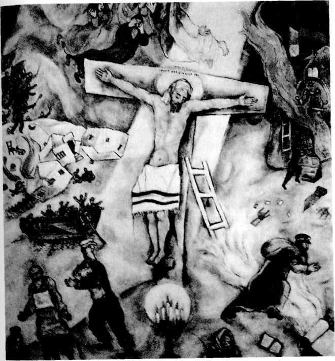 įamžino paveiksle Nuėmimas nuo kryžiaus" (1917). M.Chagallo darbas Baltasis nukryžiavimas" - tai reakcija į žydų pogromą, vadinamą Kristal- Inacht- Krištolinė naktis, įvykusį 1938 m.