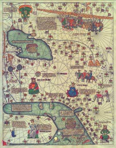 Cresques Abraham or Catalan Atlas, 1387 and details showing Near East & traders on the Silk Road.