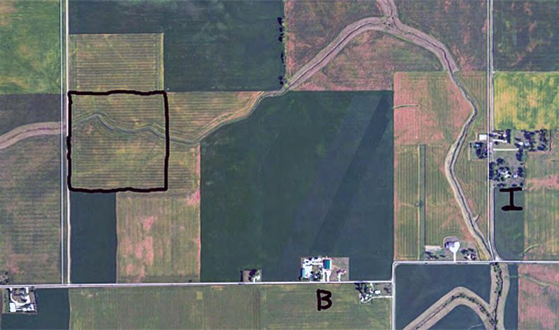B = Byron Berger home I = Old Inez Gouty farm Older farm = 45 acres Older farm in Warren County, Indiana