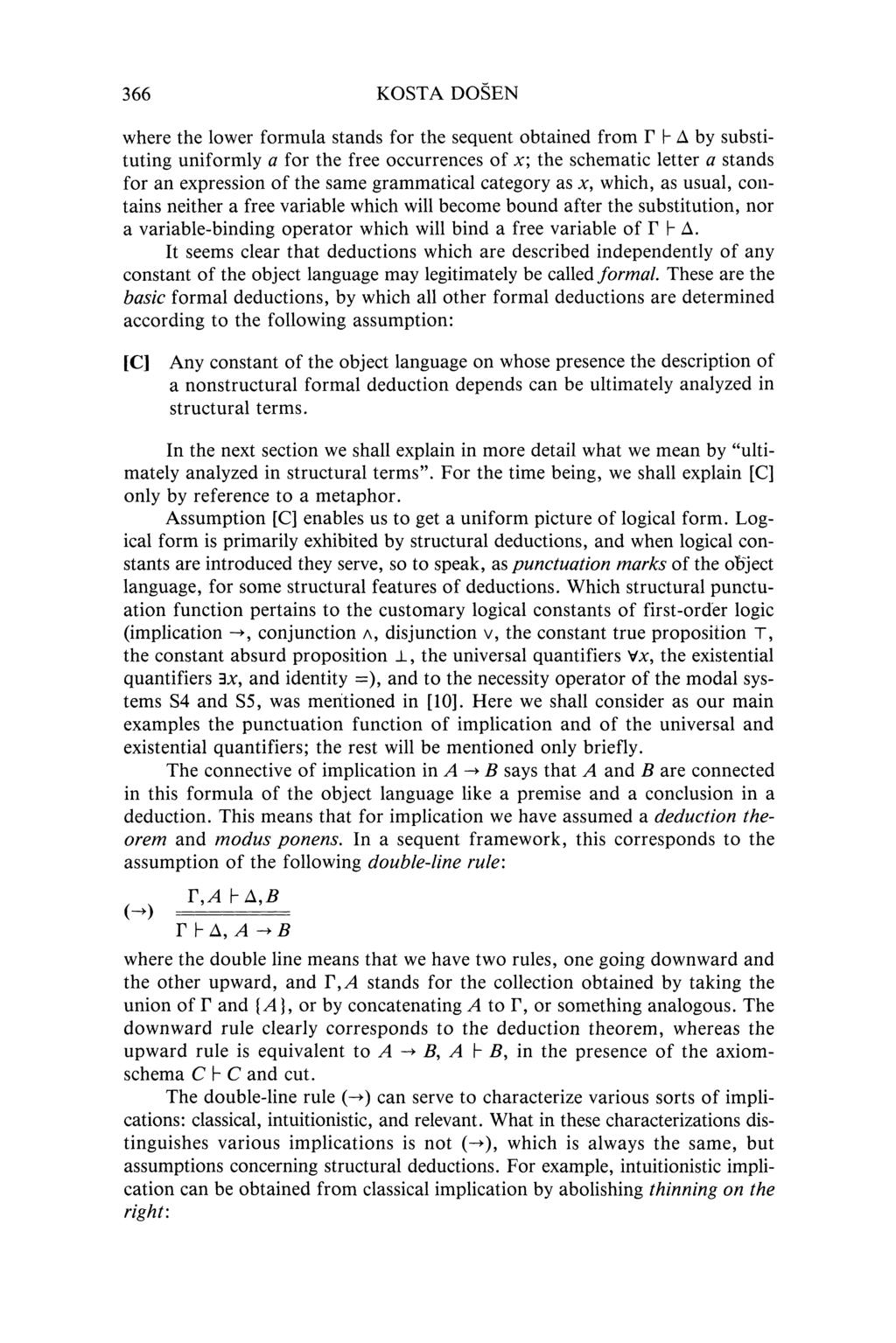 366 KOSTA DOSEN where the lower formula stands for the sequent obtained from Γ h Δ by substituting uniformly a for the free occurrences of x; the schematic letter a stands for an expression of the