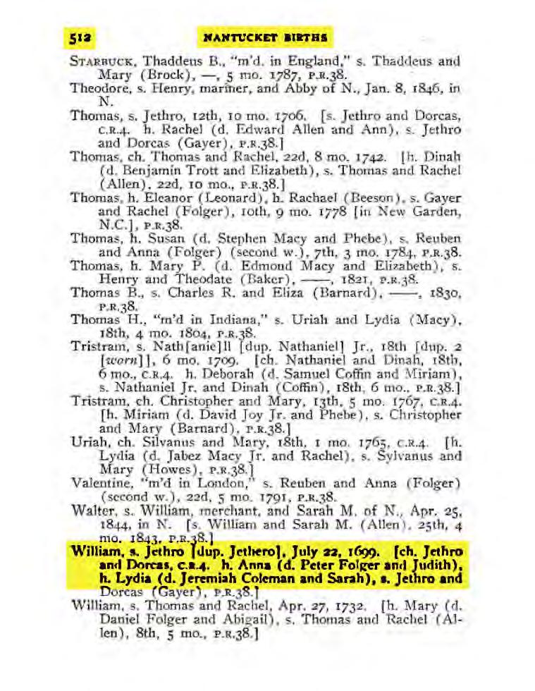 512 JfANTVCKET anrres S'J'J\RRUCK, Thaddeus B.. "m'd. in England," s. Thaddeus and Mary (Brock), -, S 1no. 1787, PJL38. Theodore, s. I Jenry 1 matil'ler, and Abby of N., Jan. 8, 1846, in N. Thomas, s.