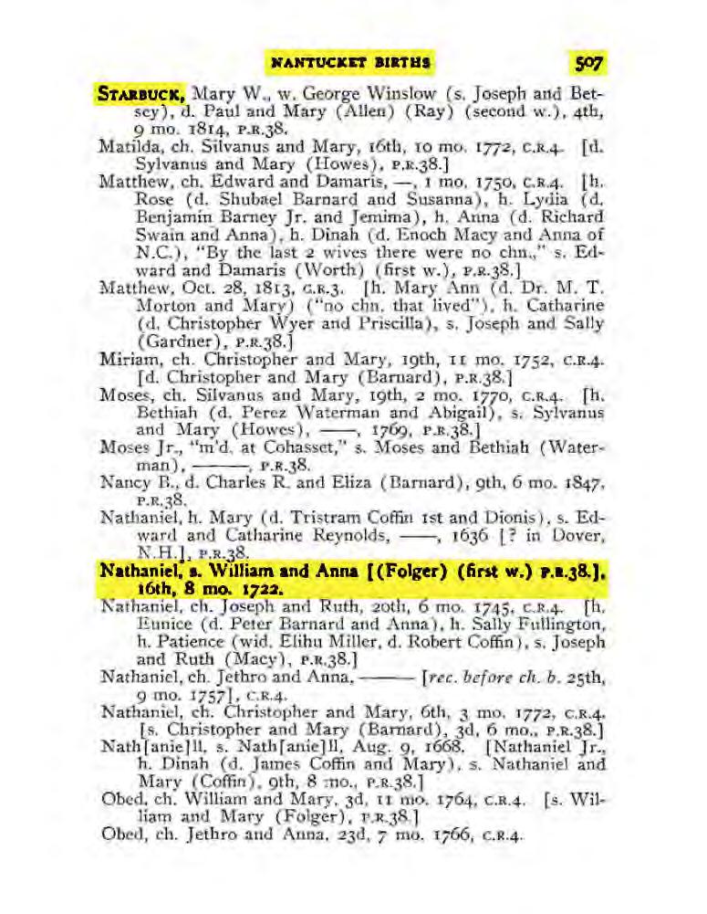 ll'antucicet BIRTHS scy1 STAaauciij l\1ary W., w. George Wiuslo\v ( s. Joseph and Betsey),-a. Paul and Mary (Alle.11) ( Ray) (secoud w.), 4th, 9 mo. 1814, P.u.38. Matilda, c.h. Silvanus and Mary, 16th, ro nlo.