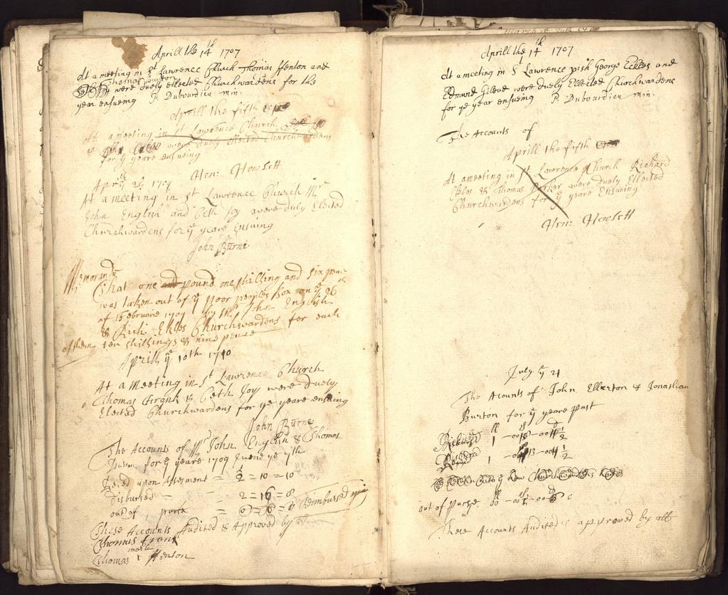 EXAMPLE OF A CHURCHWARDENS ACCOUNT ST LAWRENCE, YORK APRIL 14, 1707 [PR Y/L 23] 1. At a meeting in S t Lawrence Church Thomas Ffenton and 2.