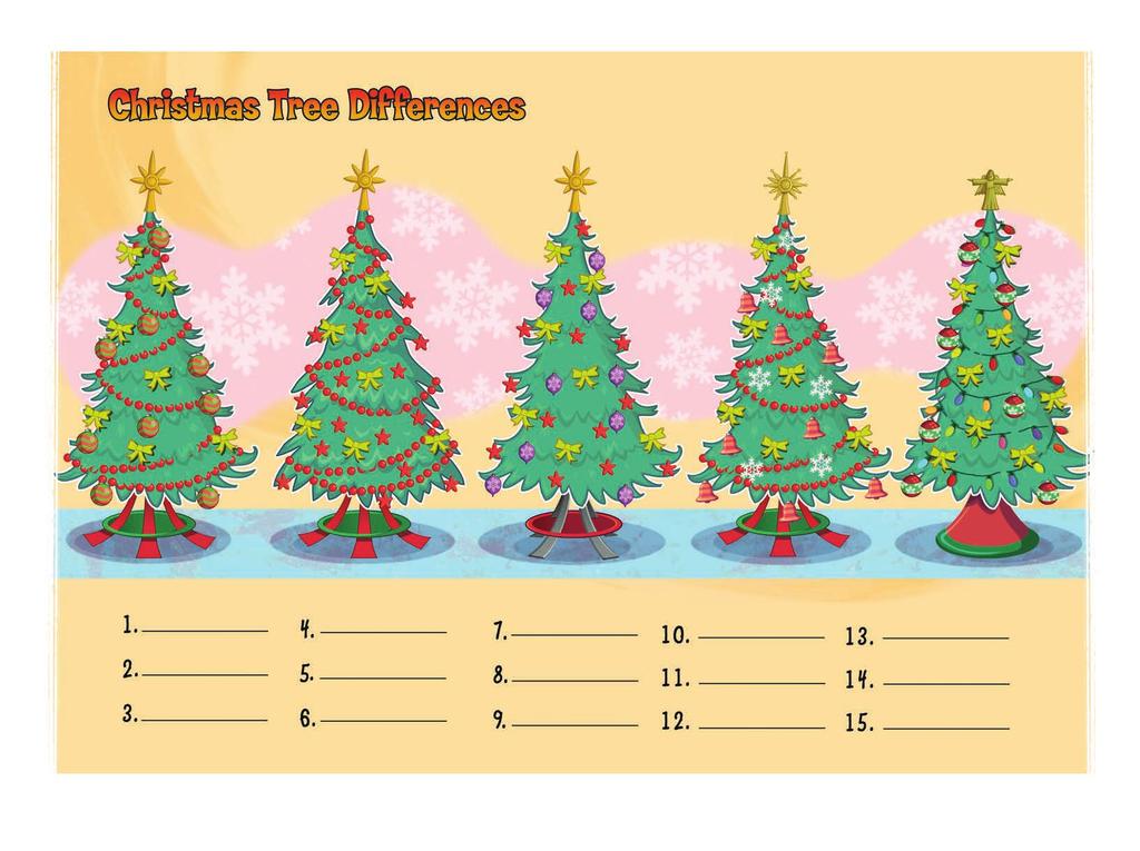 Instructions: Find the differences in the Christmas tree picture.