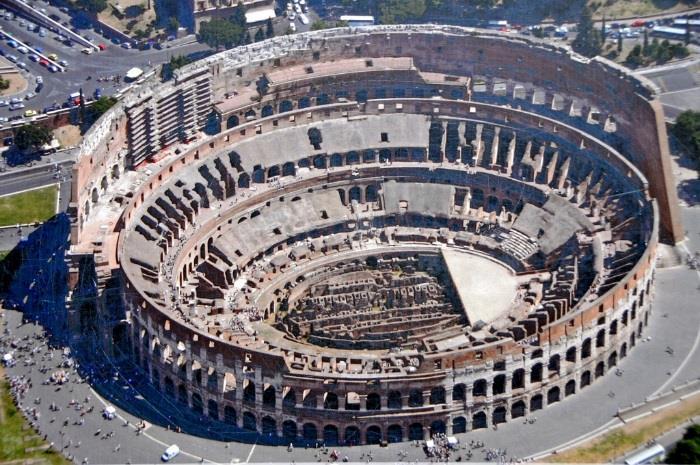#44 Colosseum (Flavian Amphitheater), aerial view. Rome, Italy. Imperial Roman. 70-80 CE. Stone and concrete.