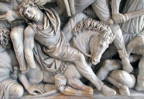 #47 Ludovisi Battle Sarcophagus. Late Imperial Roman. c. 250 CE. Marble. CONTENT Depicts the Romans vs. Goths Romans are depicted noble vs.