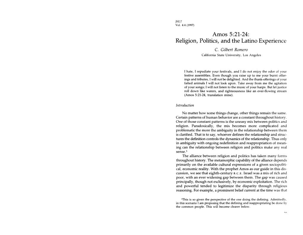 [HLT Vol, 4:4 (1997) Amos 521424: Religion, Politics, nd the Ltino Experience C.
