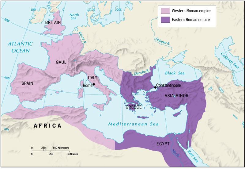 First Split in Christianity, 1054 CE Western Roman empire = Roman