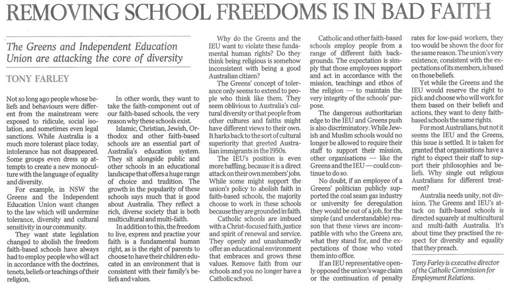Message to School Communities Dear Parents We provide a copy of an opinion piece which appeared in The Australian newspaper on 26 March, from Tony Farley of the Catholic Commission for Employment