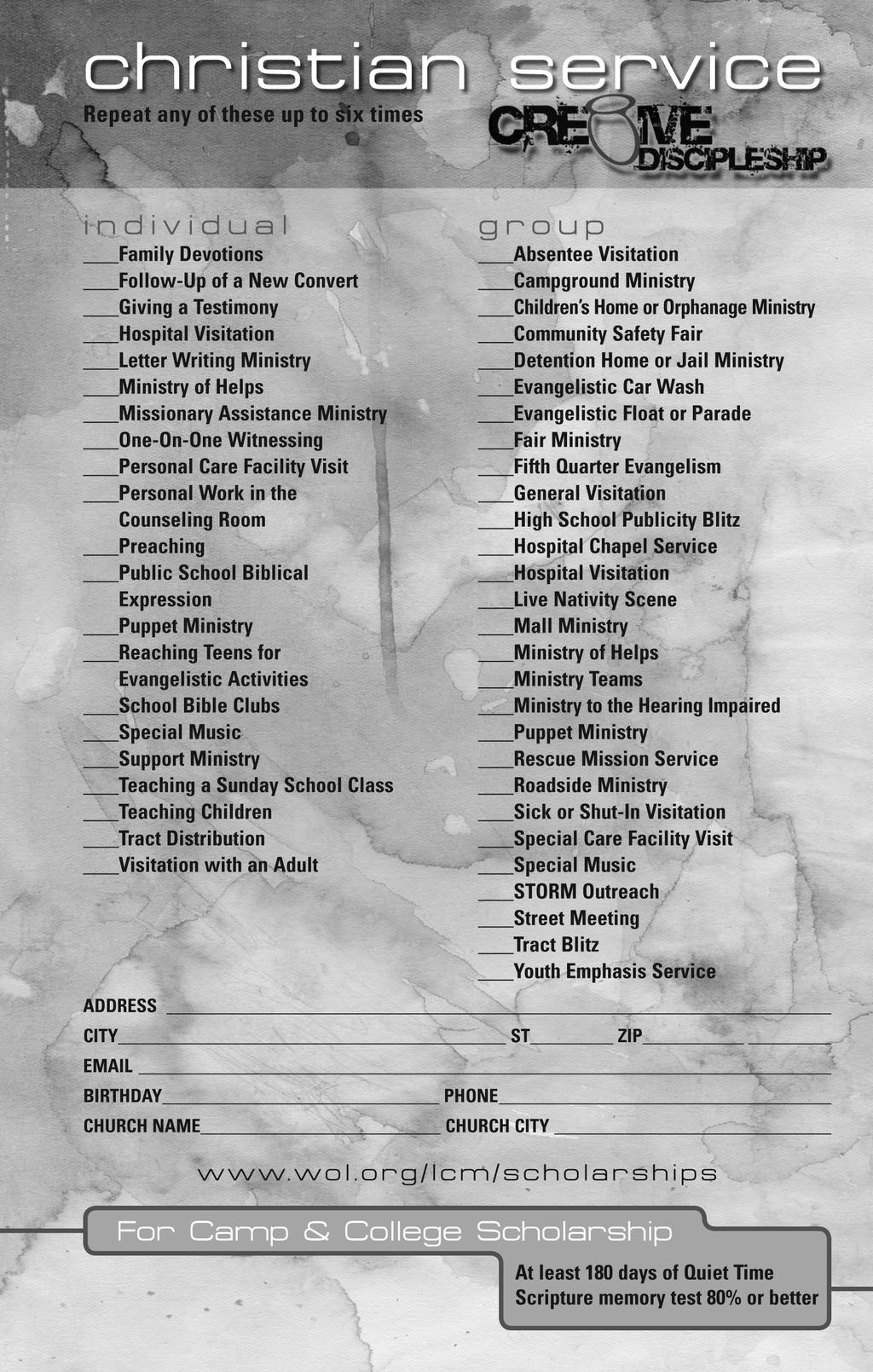student ministries resource manual Requirements to earn Creative Discipleship scholarships Take another look at the back of the Creative Disciple Reward Sheet.