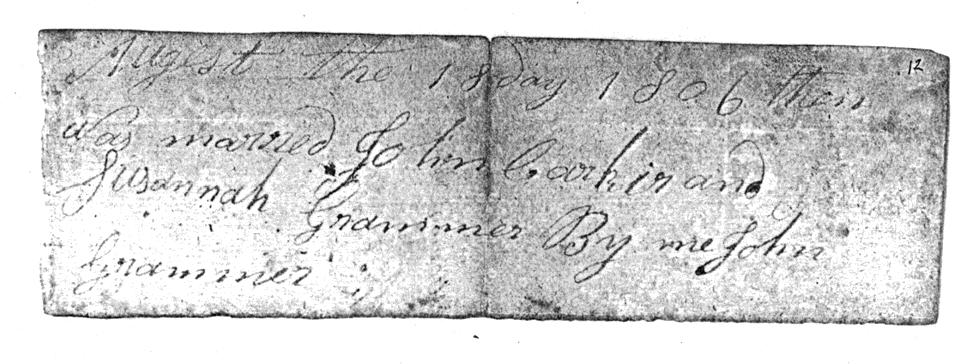 John I...Reverend John Marriage certificate for Susannah Grammer and John Cook, Warren County, Kentucky. (Check handwriting, rescan.
