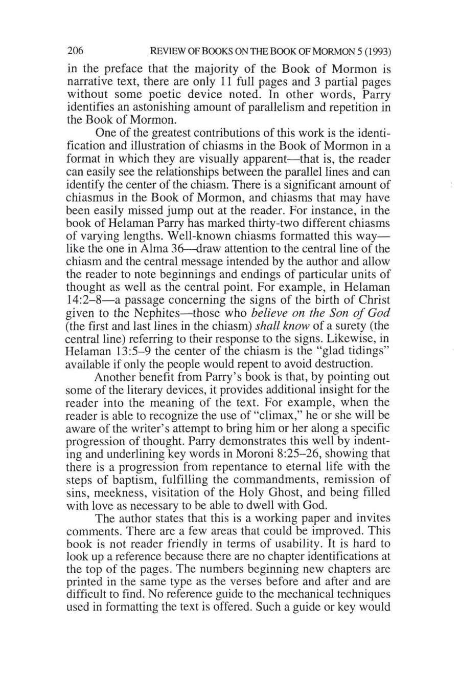 206 REVIEW OF BOOKS ON THE BOOK OF MORMON 5 (1993) in the preface thal the majority of Lhe Book of Mormon is narrative text, there are only 11 full pages and 3 partial pages without some poetic