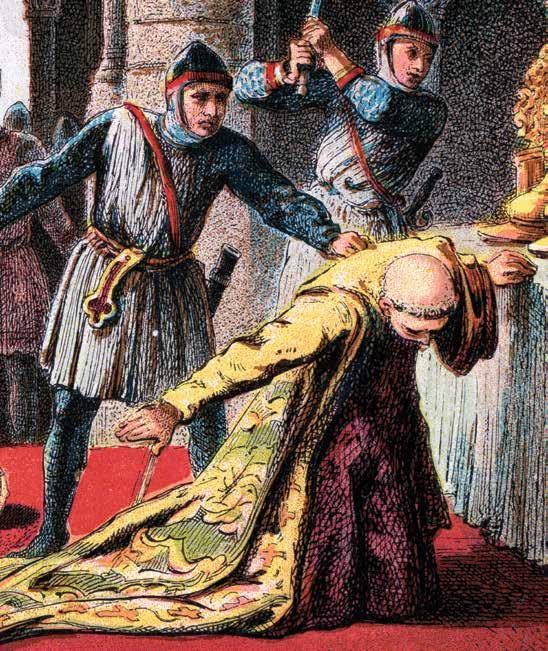 Thomas Becket was murdered on the altar of Canterbury Cathedral. heavily armed knights expected Becket to be afraid and to beg for his life. Becket did not run.