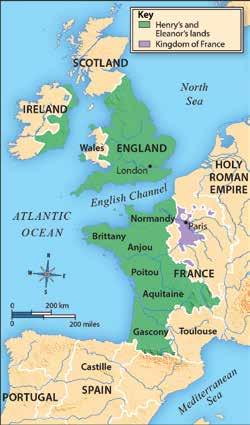 For fourteen years, Henry and Eleanor ruled together over their kingdom, which stretched from Scotland to Spain. Look at the map to see what lands they controlled.