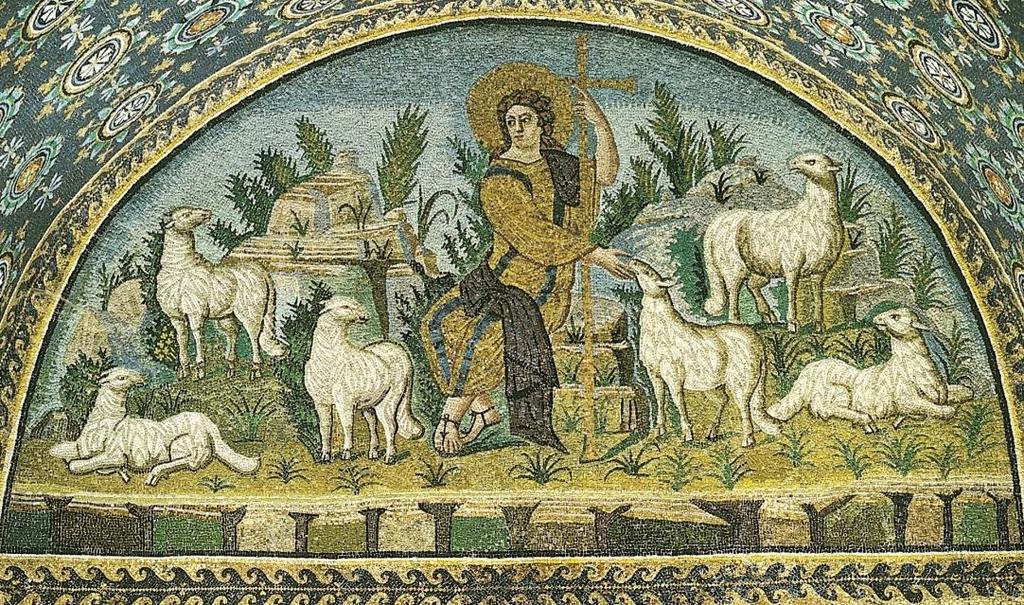 Early Christian, Christ as the Good Shepherd Byzantine, Justinian Byzantine imagery is: 3 F s and a G Flat figures lack 3D effect