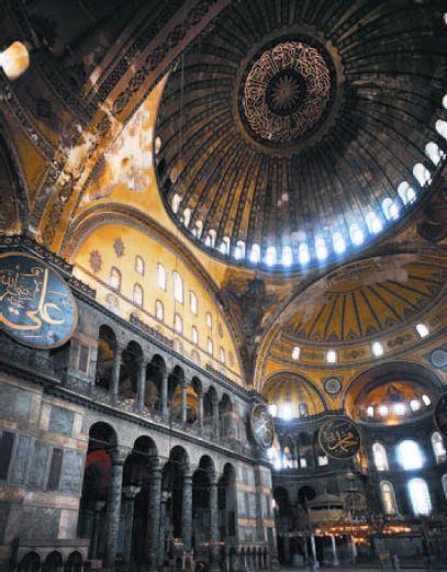 #52 Hagia Sophia Early Byzantine, Constantinople (Istanbul), 535ce Windows on dome create a floating dome adds to the mysticism and spirituality All structural supports are hidden on the inside to