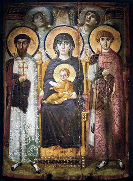 #54 Virgin (Theotokos) and Child between Saints Theodore and George. Early Byzantine Europe. 6 th or early 7 th century CE. Encaustic on wood.