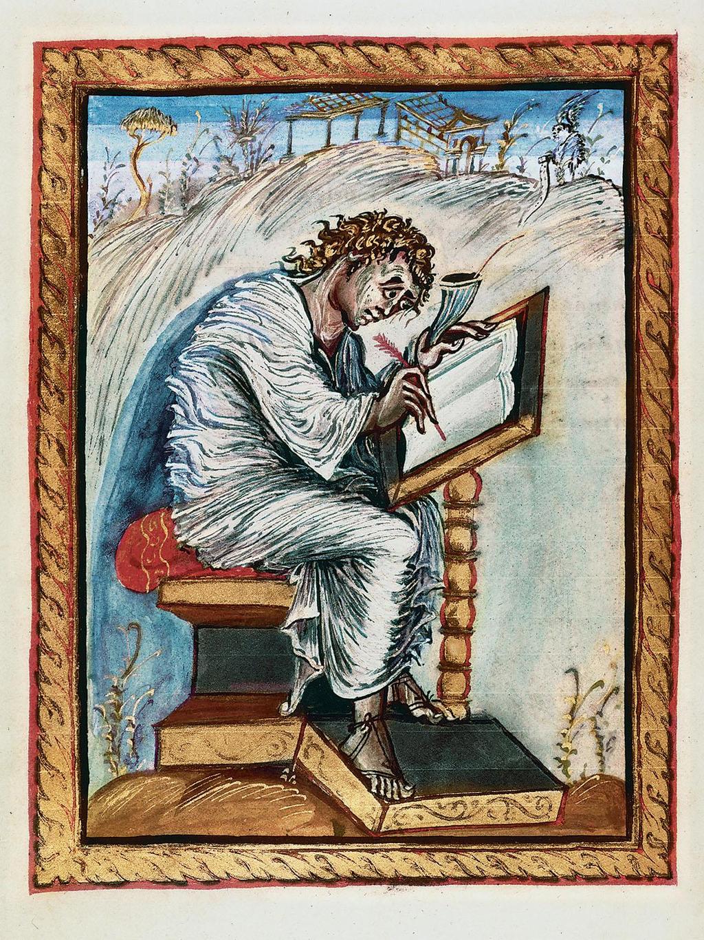 Carolingian Art St. Matthew from the Ebbo Gospel 1. What is depicted in this portrait? 2. How would you describe the painting technique in this piece of artwork? 3. What is a codex? 4.