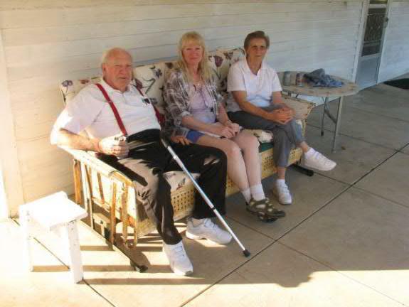 Sitting on the porch of the David Henry Douglas Nichols house built by Henry Buckner on the 10 th of October 2007 is: L to R: Ned Owen Buckner, Audrey J.