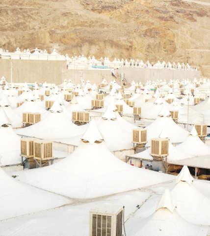 Mina Accommodation in Mina is in air-cooled tents in the European pilgrim's sector. These tents are approximately 40 minutes (walking distance) from the Jamarat.