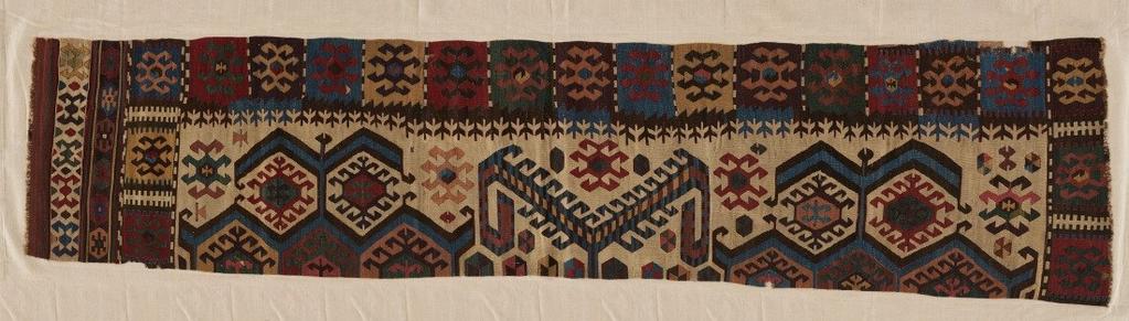 364 X 90 cm (143 X 35.5 inches), warp horizontal Kilim, western Anatolia, Aydin, first half 19th century, wool, slit tapestry weave, The Textile Museum 2013.2.9, The Megalli Collection. 362 X 78.