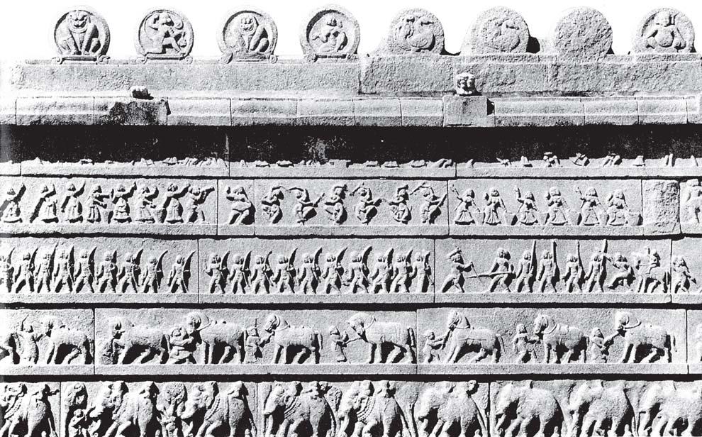 AN IMPERIAL CAPITAL: VIJAYANAGARA 183 Fig. 7.18 Sculpture from the Hazara Rama temple Can you identify scenes of dancing? Why do you think elephants and horses were depicted on the panels?