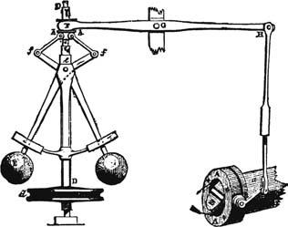 Mechanism ( 71 Figure 6. The Boulton-Watt regulator. As the machine speeds up, the central rod spins more rapidly, and centrifugal force makes the balls fly outward.