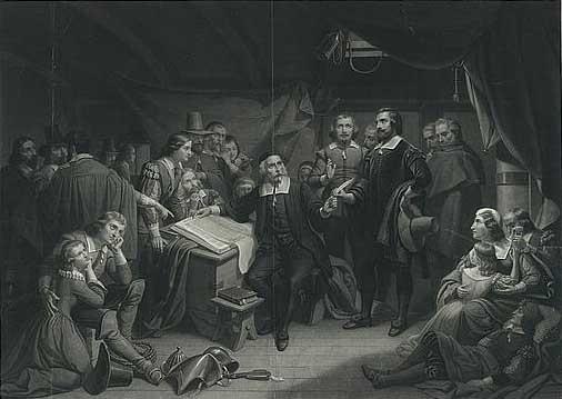 The Pilgrims signing the compact, onboard the Mayflower, engraving. c.1859.