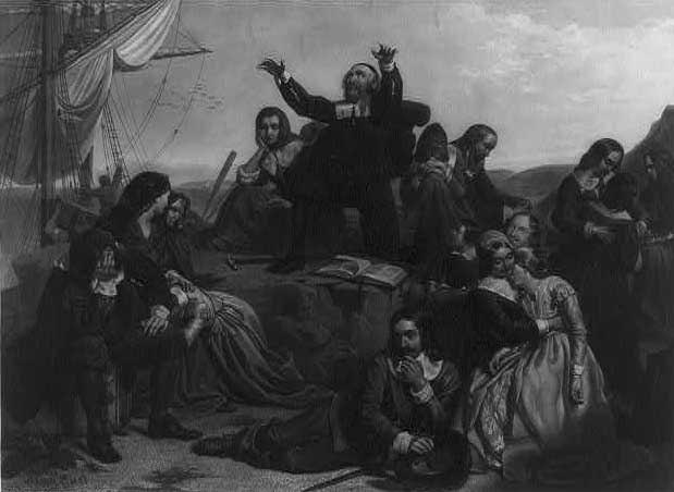 Landing of the Pilgrims. Engraving by J. Andrews, 1869, after P. F. Rothermel.