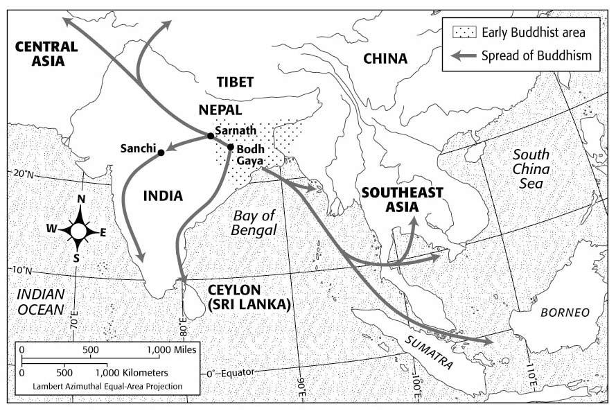 Name Class Date PRACTICING SOCIAL STUDIES SKILLS Study the map below and answer the question that follows. 1. About how far did early Buddhist missionaries have to travel to reach Ceylon? a. less than 250 miles b.