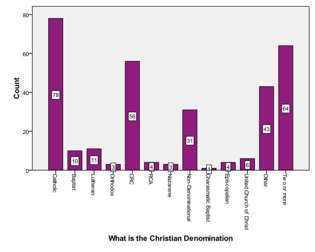 What is the Christian denomination? Frequency Percent Valid Percent Valid Catholic 78 17.0 24.8 Baptist 10 2.2 3.2 Lutheran 11 2.4 3.5 Orthodox 3 0.7 1.0 CRC 56 12.2 17.8 RCA 4 0.9 1.3 Nazarene 3 0.