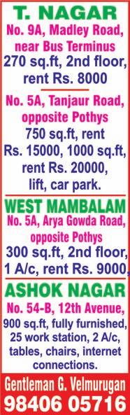 ft, duplex ground floor flat, total 12 flats, 19 years old, no car park, bore & metro water, clear title, under LIC housing loan, no broker / agents. Contact: Venkat. Ph: 9444717470.