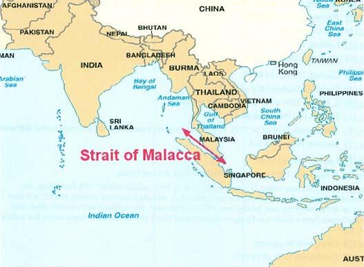 Between Indonesia and SE Asia is the straight of Malacca.