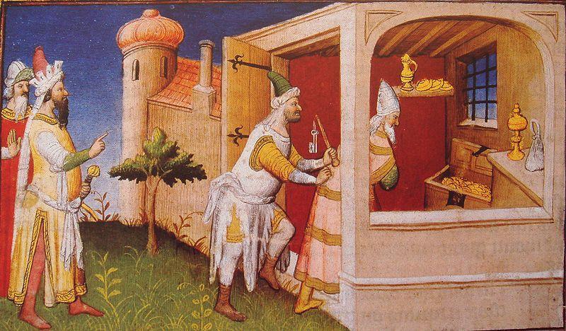 The Mongol ruler Hulagu in Baghdad interns the Caliph of Baghdad among his treasures.