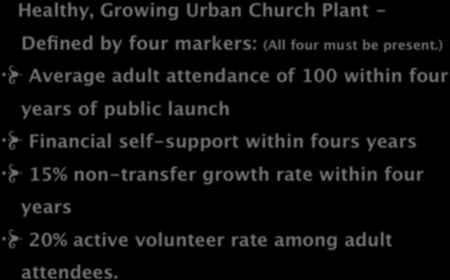 DEFINITION Healthy, Growing Urban Church Plant - Defined by four markers: (All four must be present.