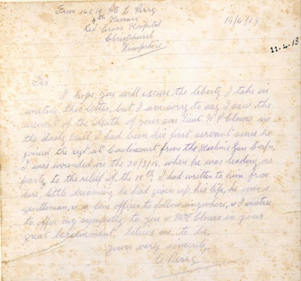 1918 is a letter from a wounded member of the regiment, C.