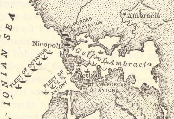 At length, Antony was aroused by the Parthian invasion of Syria, and the report of an outbreak between Fulvia, his wife, and Lucius, his brother, on the one hand, and Octavian on the other.