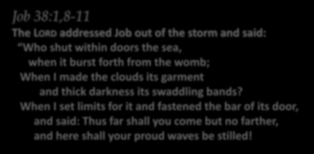Song READING Psalm Gospel Homily/Reflection Minor Exorcism Blessing Song Job 38:1,8-11 The LORD addressed Job out of the storm and said: Who shut within doors the sea, when it burst forth from the