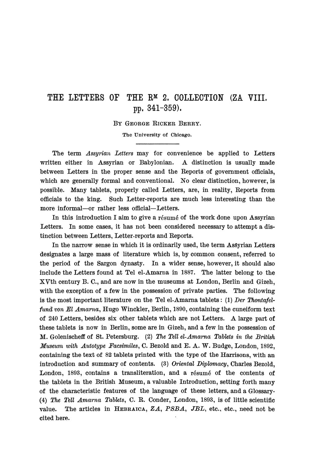 THE LETTERS OF THE RM COLLECTION (ZA VIII, 2, pp, 341-359), BY GEORGE RICKER BERRY. The University of Chicago.