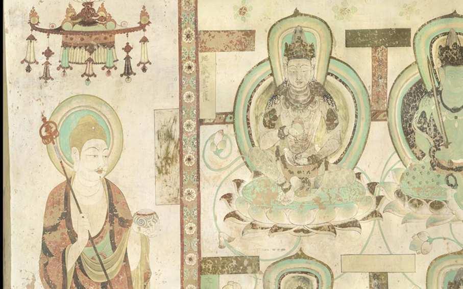 Fig. 41 Bodhisattva Dizang in sinicized form (north/left) and Ksitigarbha in Tantric form (central panel, upper left) (detail), east wall,
