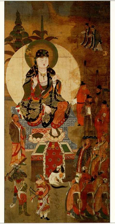 Fig. 42 Bodhisattva Dizang (Ksitigarbha) with the ten kings of hell, 10 th century, ink and colors on silk, from