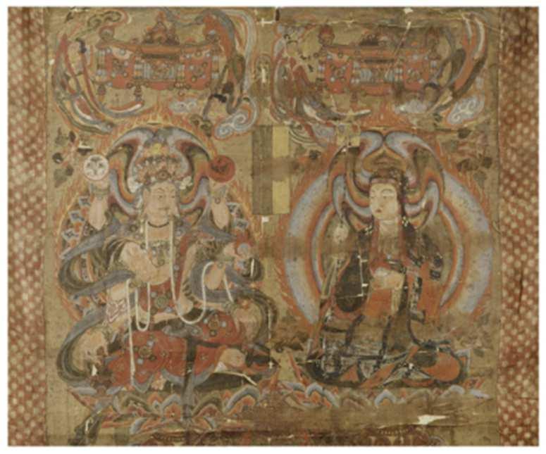 Fig. 43 Bodhisattvas Guanyin and Dizang (upper portion of a banner), ink and colors on fabric, ca.