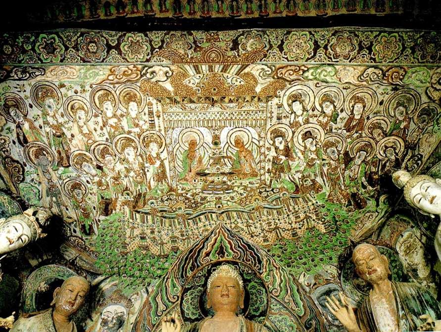 Fig. 6 Shakayamuni and Prabhutaratna at the Stupa of Many Treasure, illustration of the Lotus Sutra, ceiling of the central