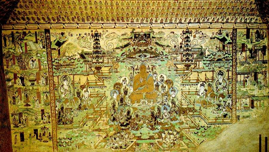 Fig. 9 Amitabha preaching in the Western Paradise (middle); Queen Vaidehi s sixteen meditations (left); King Bimbisara and Queen Vaidehi s imprisonment (right)