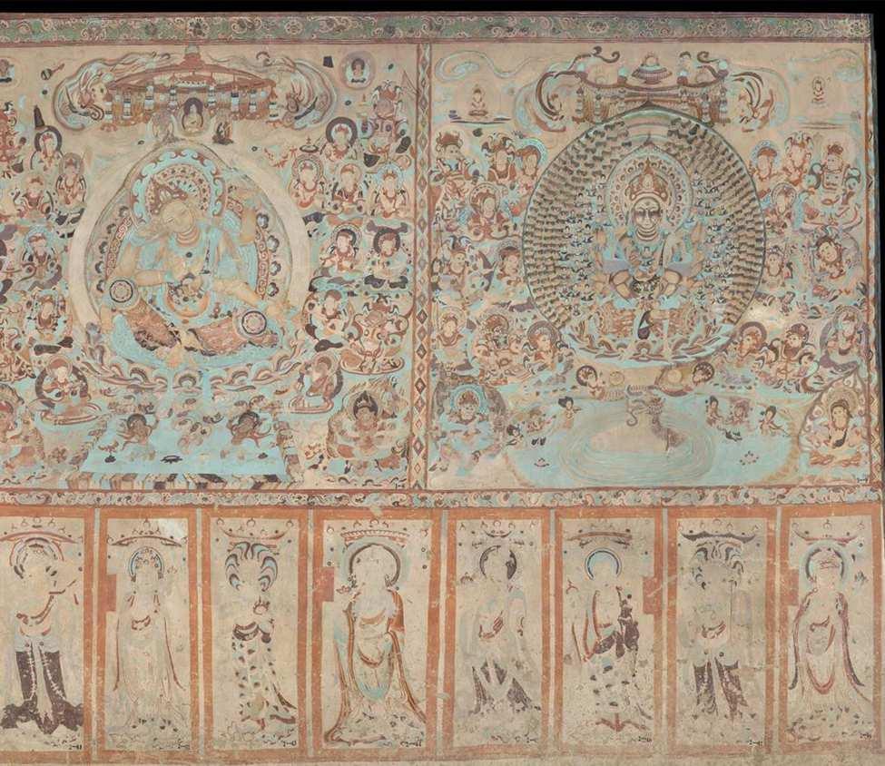 Fig. 16 Six-armed Cintamanicakra Avalokiteshvara (upper left), Manjusri with onethousand arms and bowls (upper right) and Offering bodhisattvas (bottom, facing