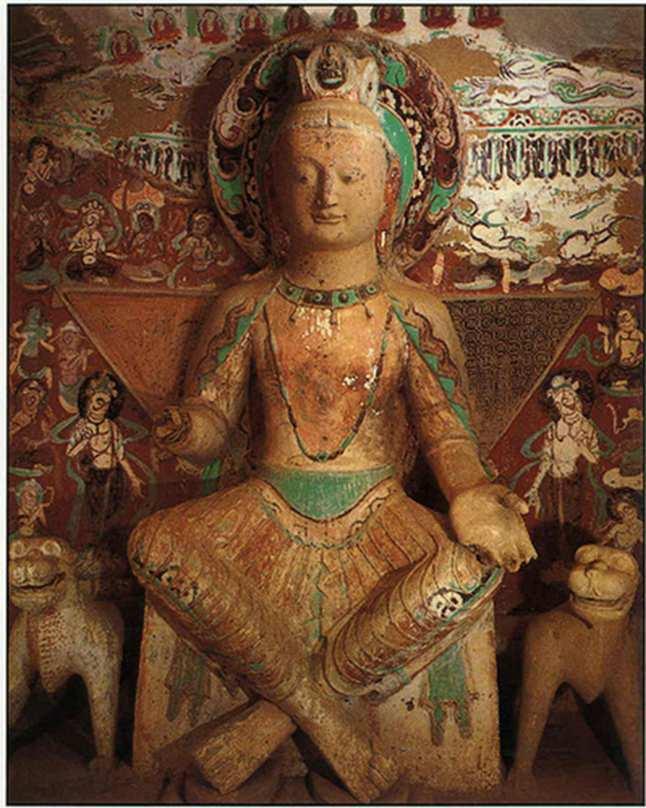 Fig. 23 Cross-legged Maitreya, sculpture in west wall, Cave 275, Northern Liang period,