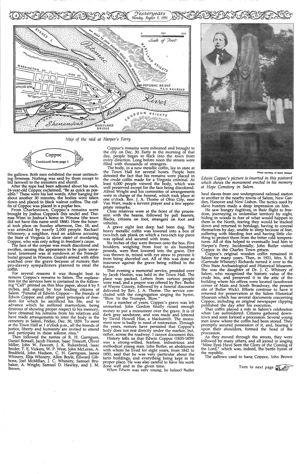 Yeseryears '.Monrfay,.91.ugus 5, 1991 660 1320 Map of he raid a Harper's Ferry.. ~~,'-~ppoc ~~ -~~- ~~;h,,~~-. ~:~,s4f Coninued from page 1 :'&;.J- ~~&7 he gallows.