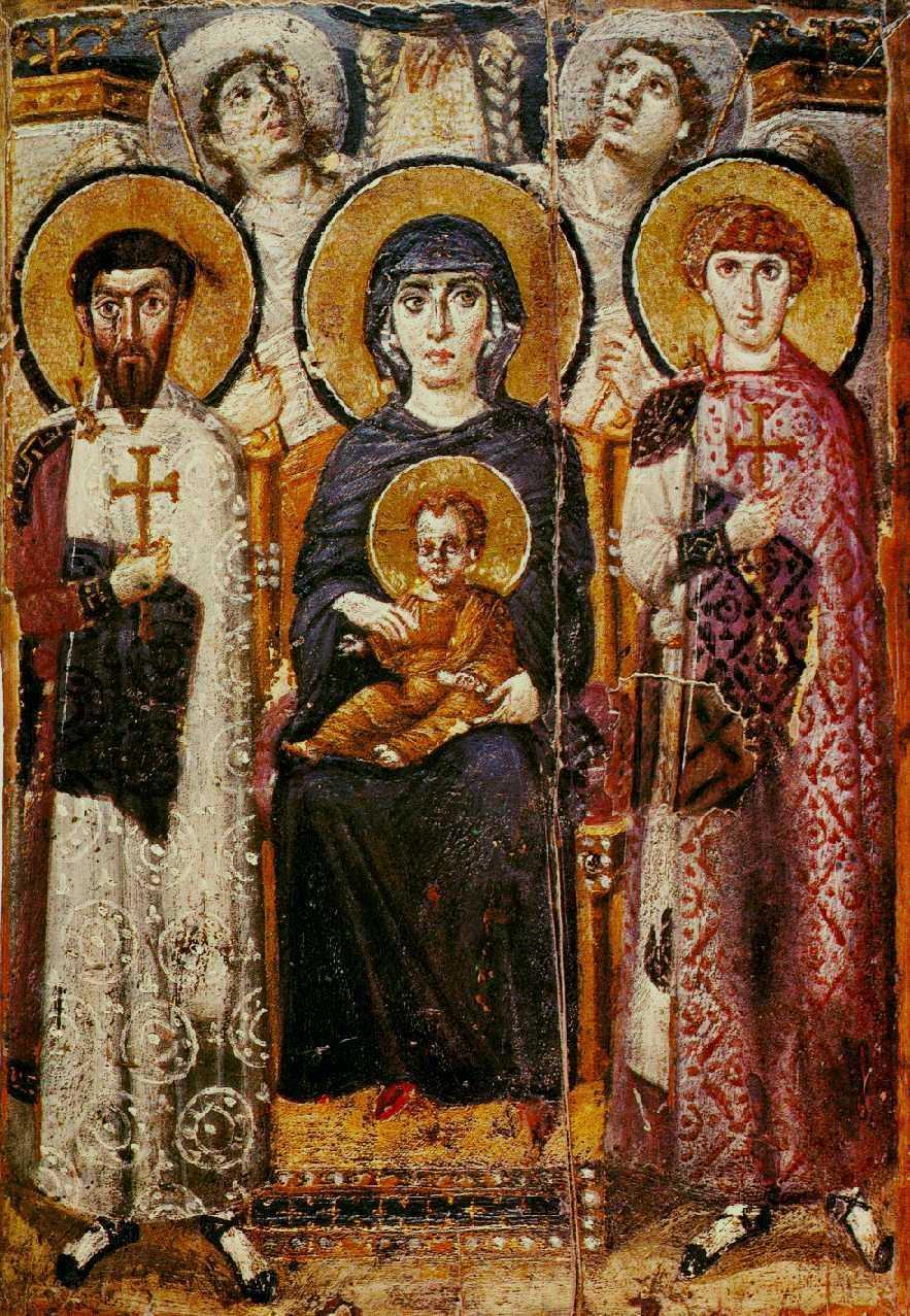 Image from Wikimedia Commons, labeled for reuse Form The image of the Virgin seen here in Virgin (Theotokos) and Child between Saints Theodore and George is based on the Virgin Hodegetria ( the guide
